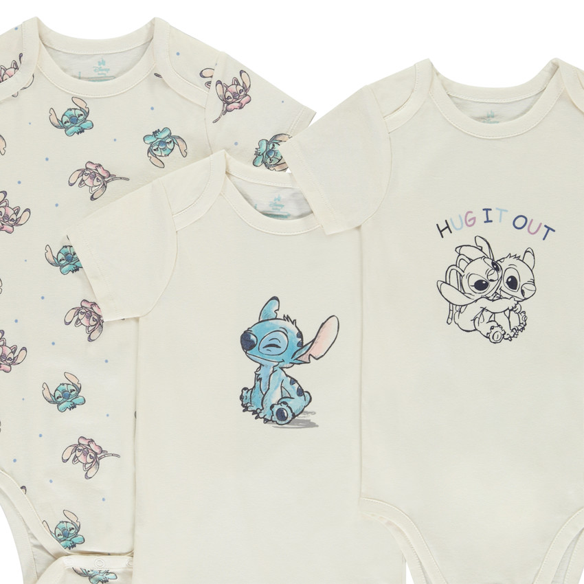 Lot de 3 bodies manches courtes Stitch Disney pour bébé (ouvertures différentes selon l'âge) 