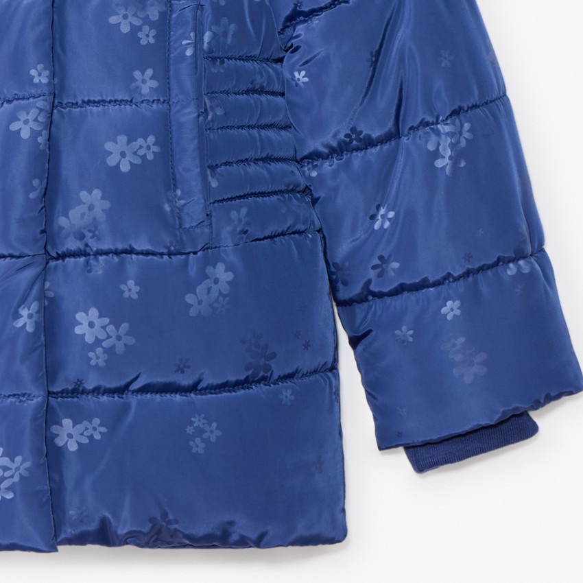 Doudoune longue en toile imprimé et capuche pour bébé fille 