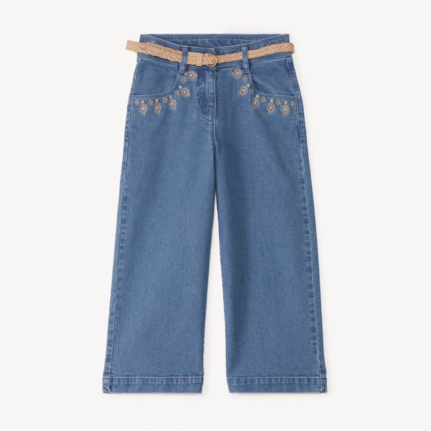 Jean large brodé avec ceinture tressée pour fille