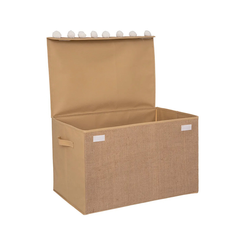 Coffre de rangement en jute et pompons fantaisie 36 x 57 cm 