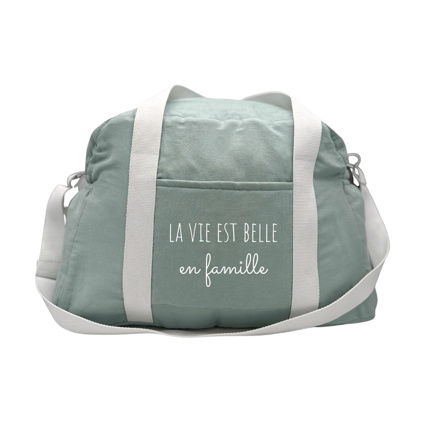 Sac à langer en lin "La vie est belle en famille" menthe 