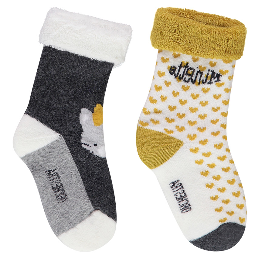 Lot de 2 paires de chaussettes assorties avec coeurs et chat en jacquard 