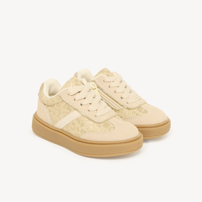 Baskets basses fille léopard à lacets élastiqués et zip