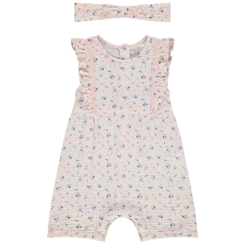 Combinaison courte + bandeau en double gaze de coton pour bébé fille 