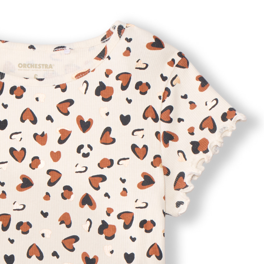 T-shirt manches courtes côtelé imprimé cœurs tachetés pour fille 