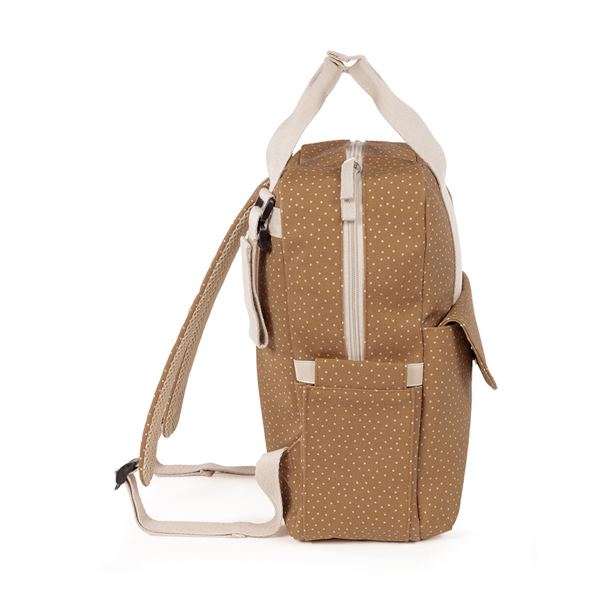 Sac à dos à langer imprimé pois Poppy + tapis cannelle 
