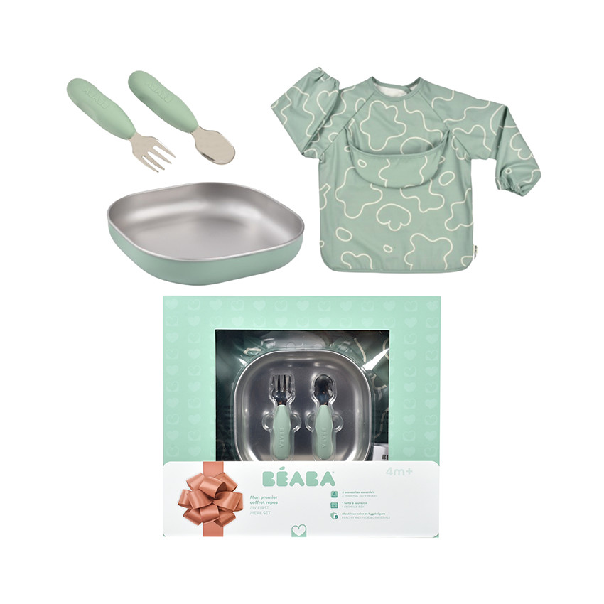 Coffret 1er repas assiettes+ couverts + bavoir vert sauge