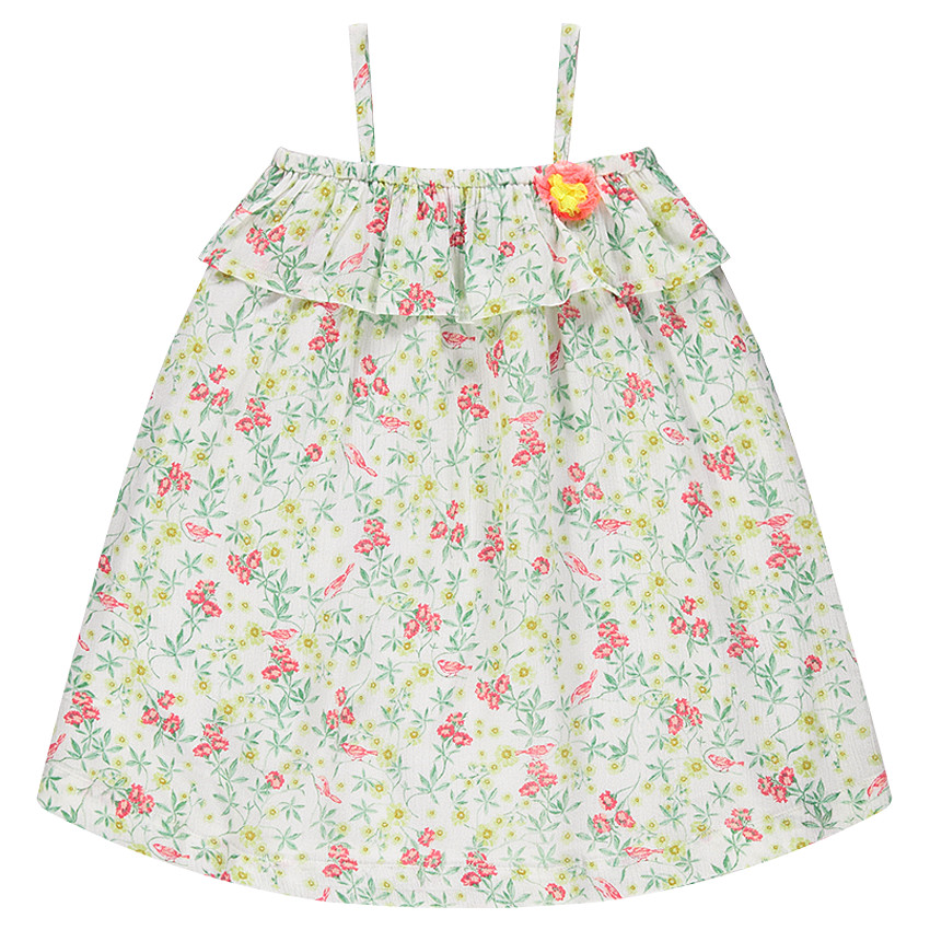 Robe fleurie en crépon à volant et fleur en tulle 