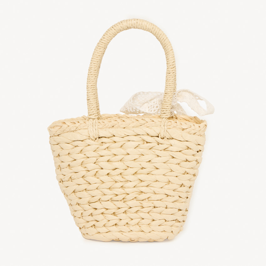Sac panier en paille tressée avec nœud en broderie pour fille 