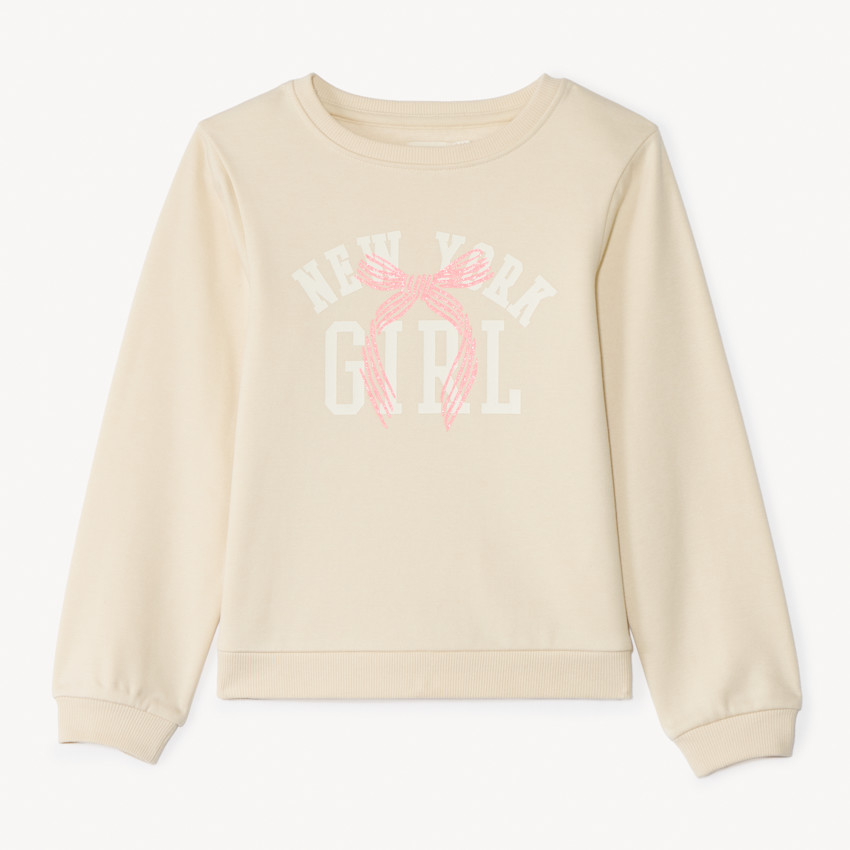 Sweat molleton printé à paillettes pour fille - Beige