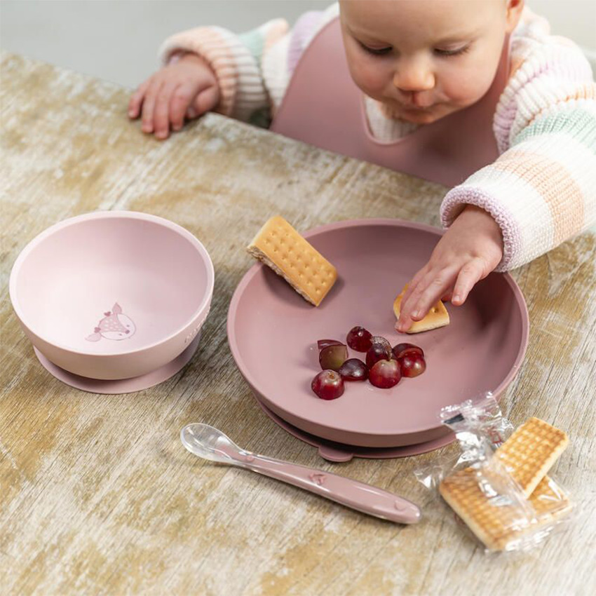 Coffret repas 4 pièces avec bavoir silicone – Biche Rose 