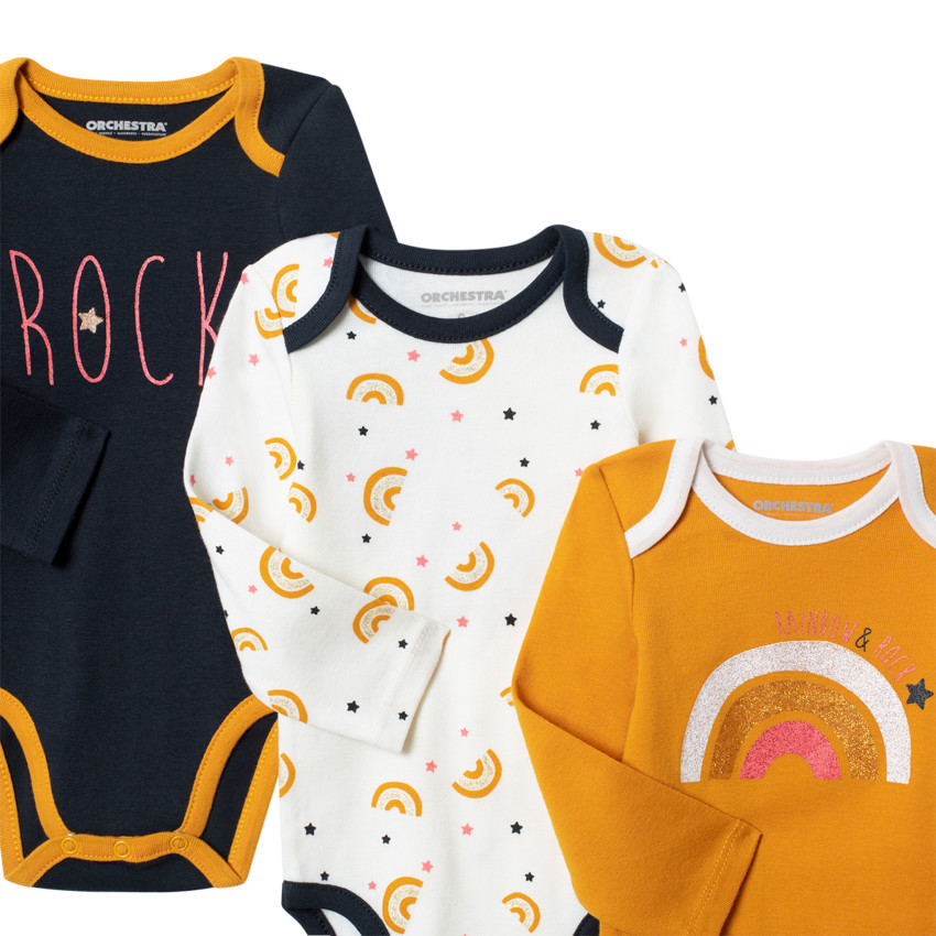 Lot de 3 bodies manches longues en coton print arc-en-ciel 