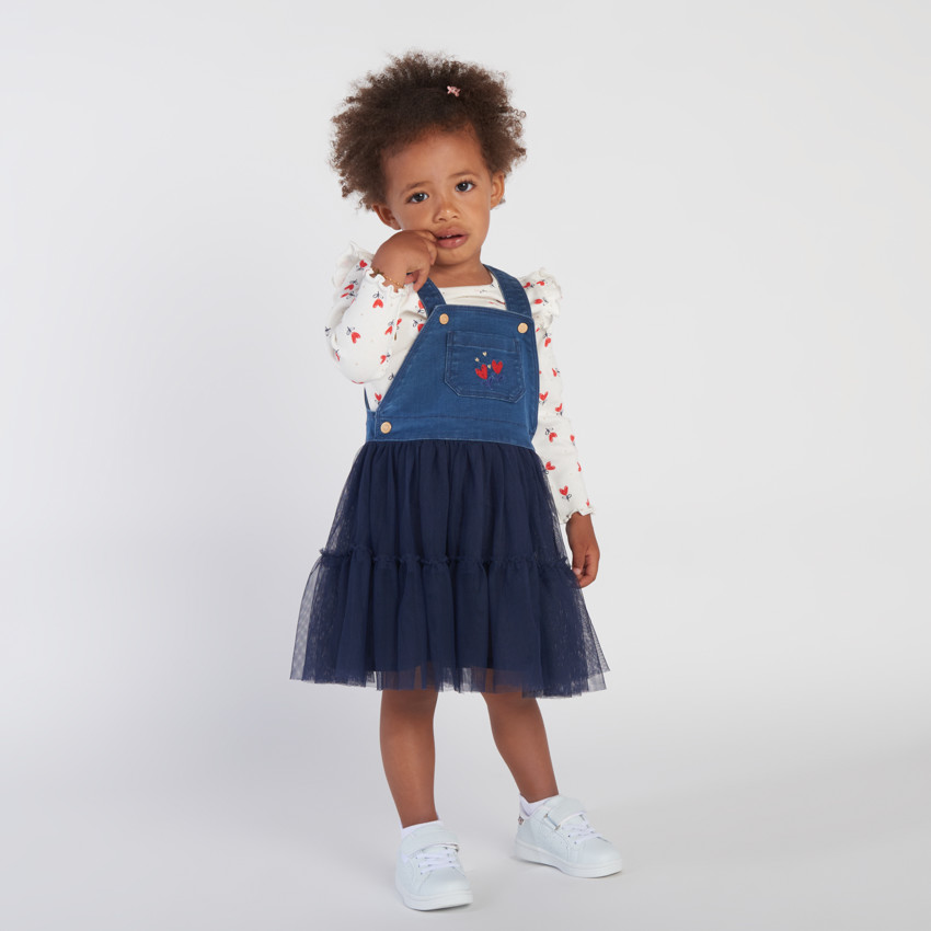 Robe salopette bi-matière pour bébé fille