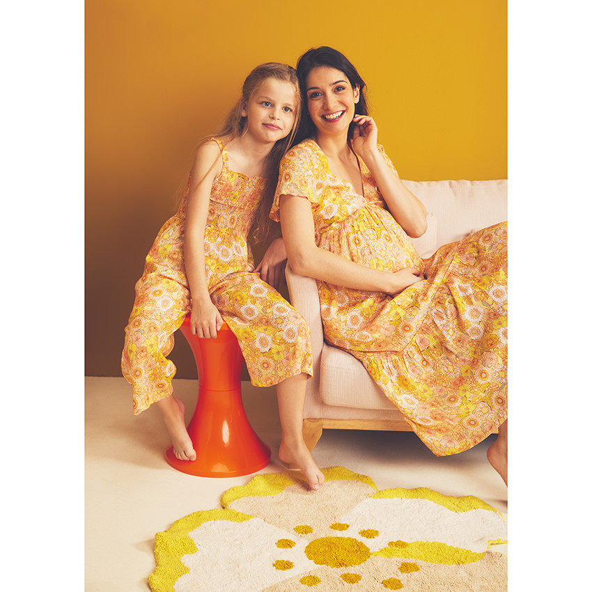 Robe manches courtes volantée imprimé rétro pour femme 