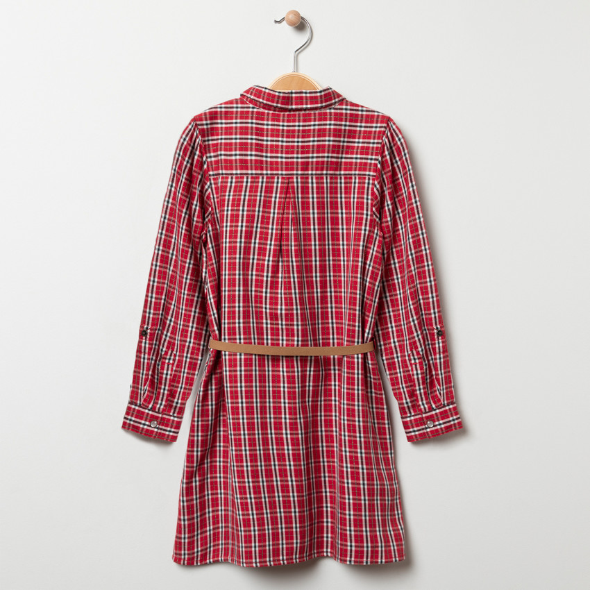 Robe manches longues à carreaux et ceinture pour enfant fille 