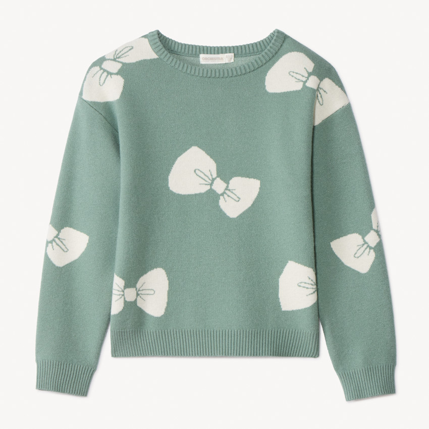 Pull manches longues semi-oversize motif nœud pour fille 