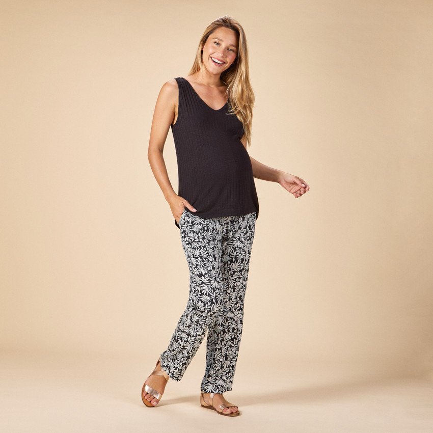 Pantalon fluide imprimé feuillage avec ceinture pour femme 