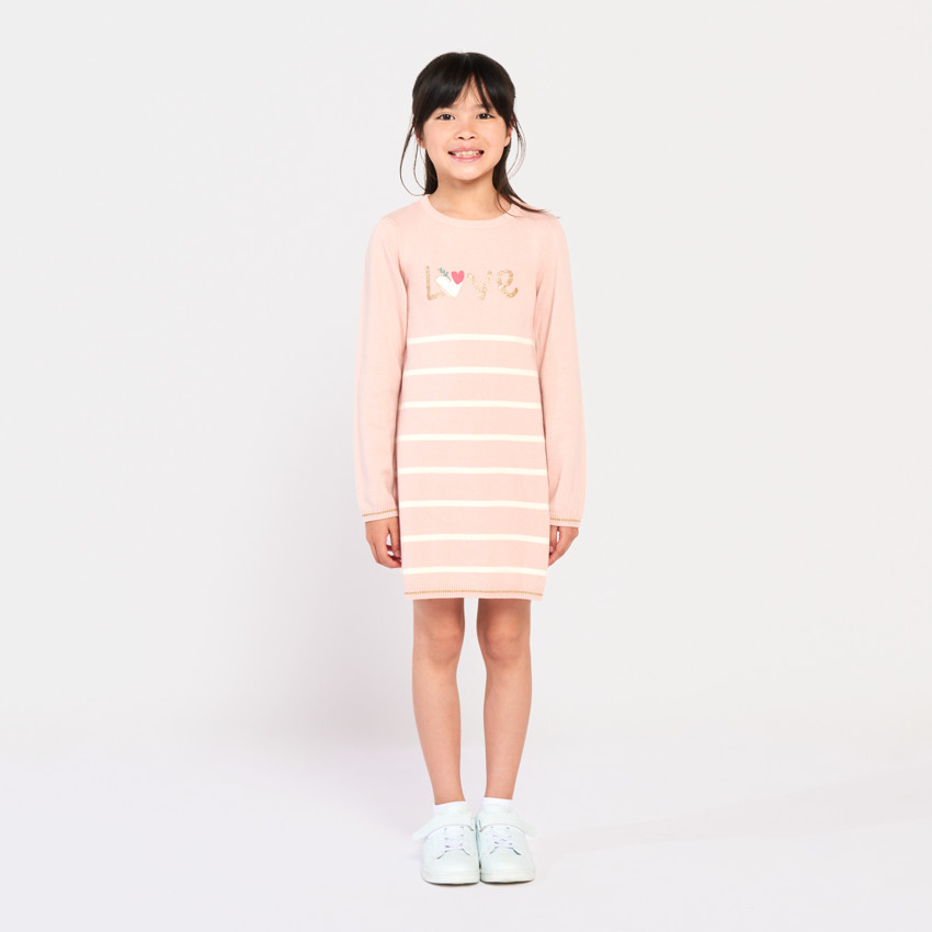 Robe manches longues en tricot glitter print et rayures pour fille 
