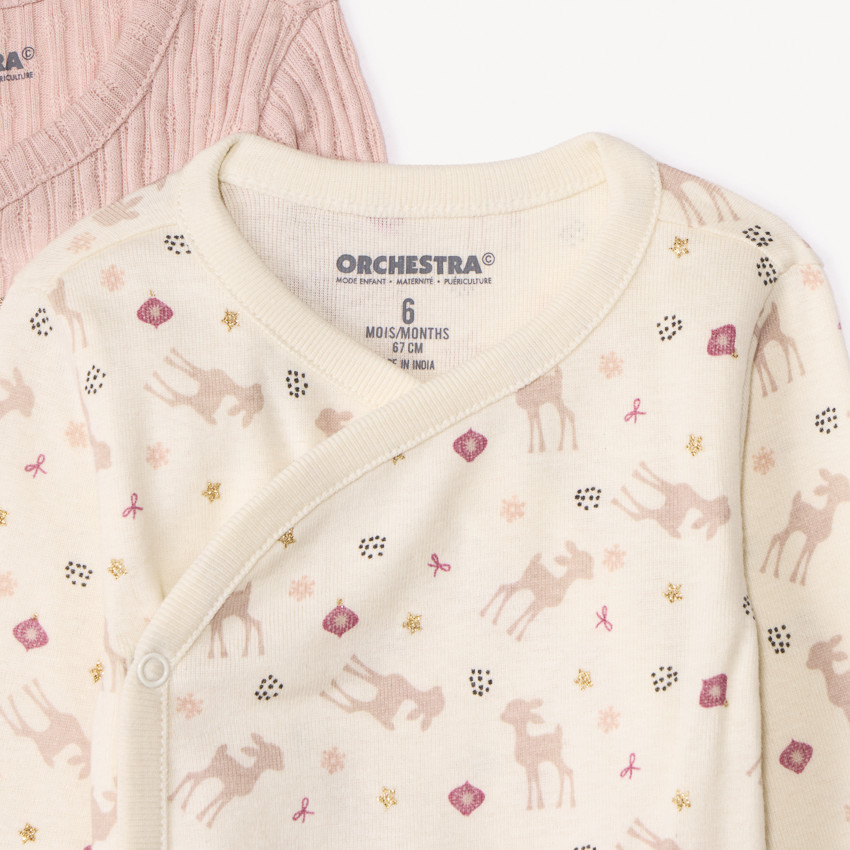 Lot de 5 bodies manches longues motifs Faon pour bébé fille avec ouvertures différentes selon l'âge 