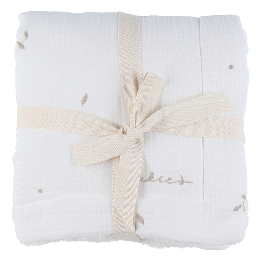 Couverture brodée feuille 100x140 Mousseline & Sherpa Blanc