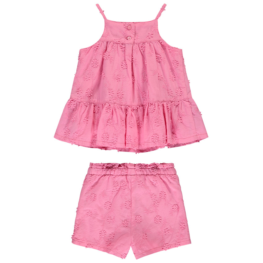 Ensemble débardeur + short rose en broderie anglaise pour bébé fille 