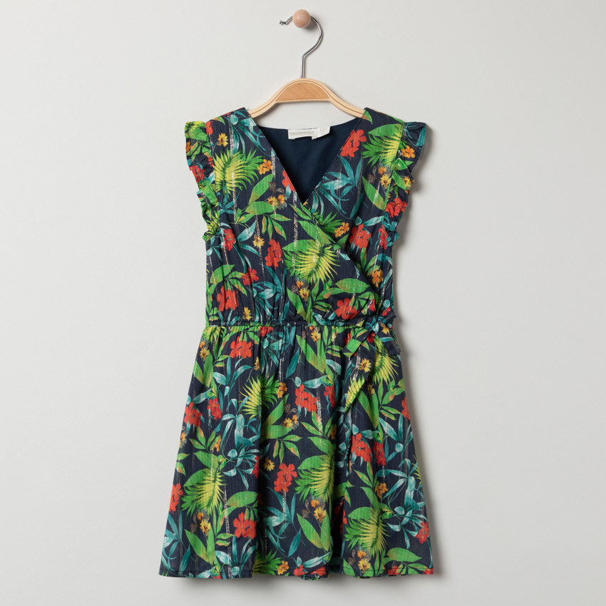 Robe à manches volantées et imprimé végétal légèrement brillant 