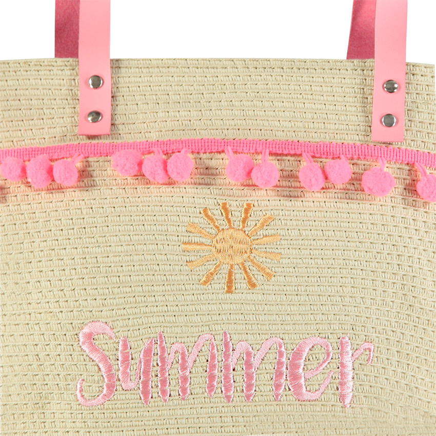 Sac en paille avec message brodé et anses roses 