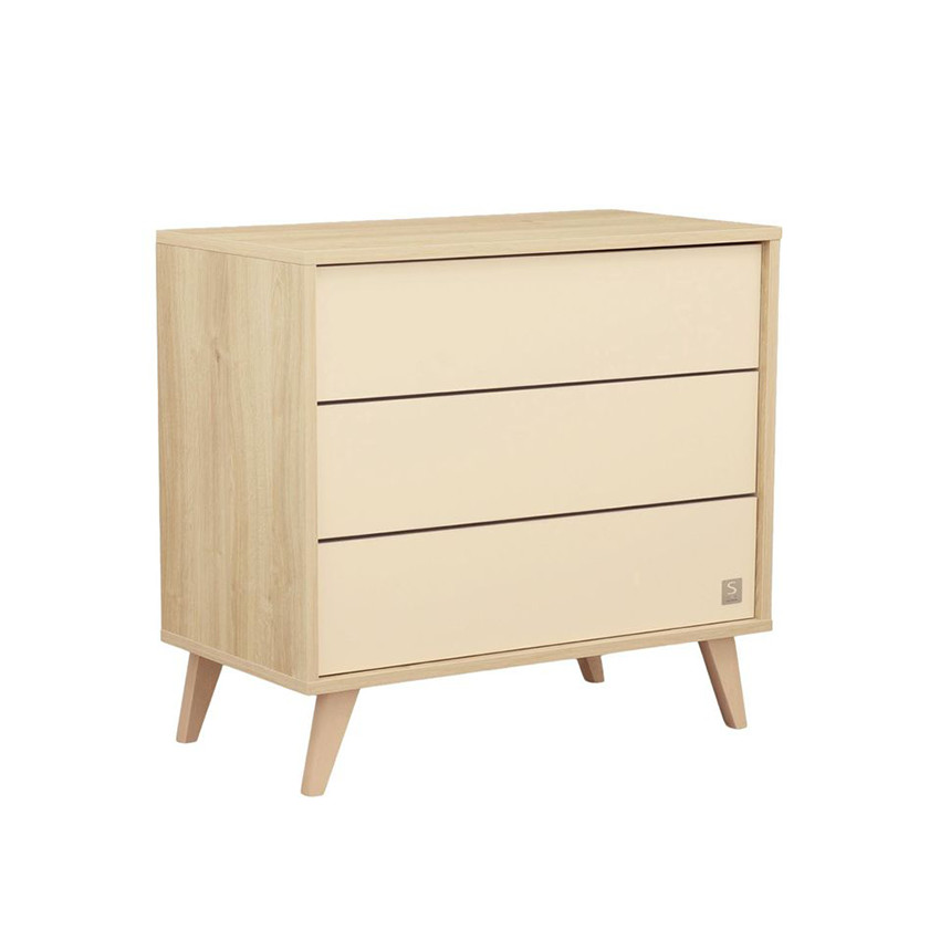 Commode 3 tiroirs Mélinée aspect chêne sépia/crème 