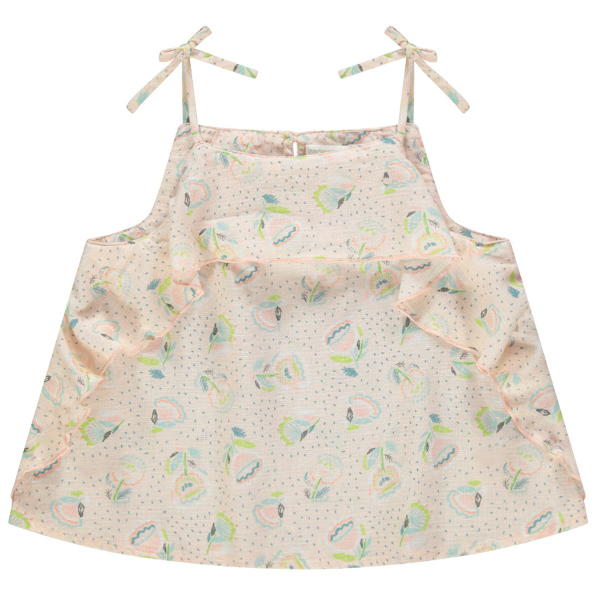 Top volanté en coton et lin à fleurs pintées all-over 
