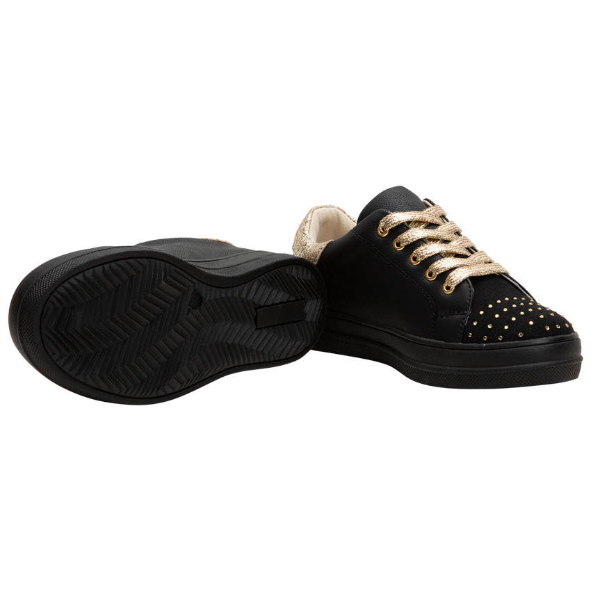 Baskets effet cuir avec strass fantaisie et lacets dorés 