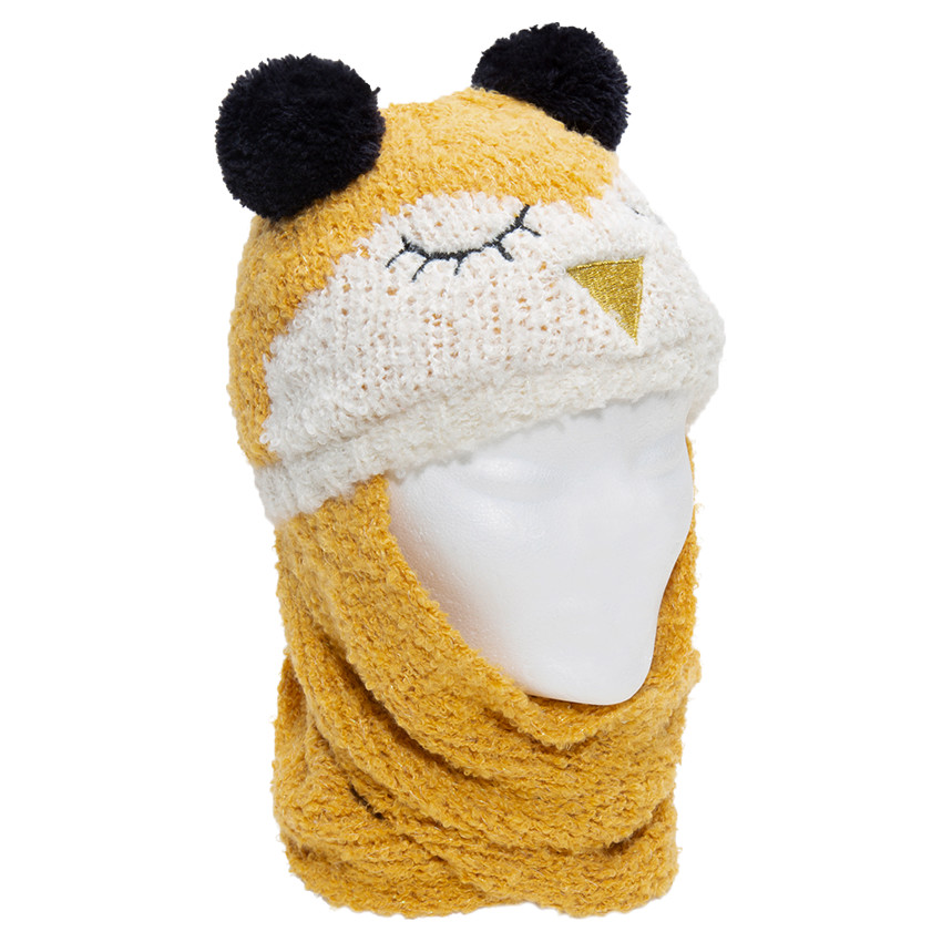 Bonnet écharpe en tricot motif oiseau avec oreilles forme pompons 