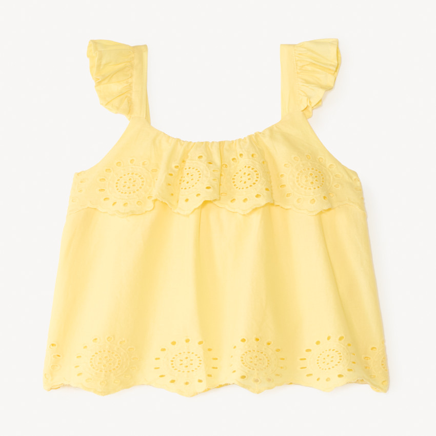Top court en voile uni broderie style anglaise fantaisie pour fille 