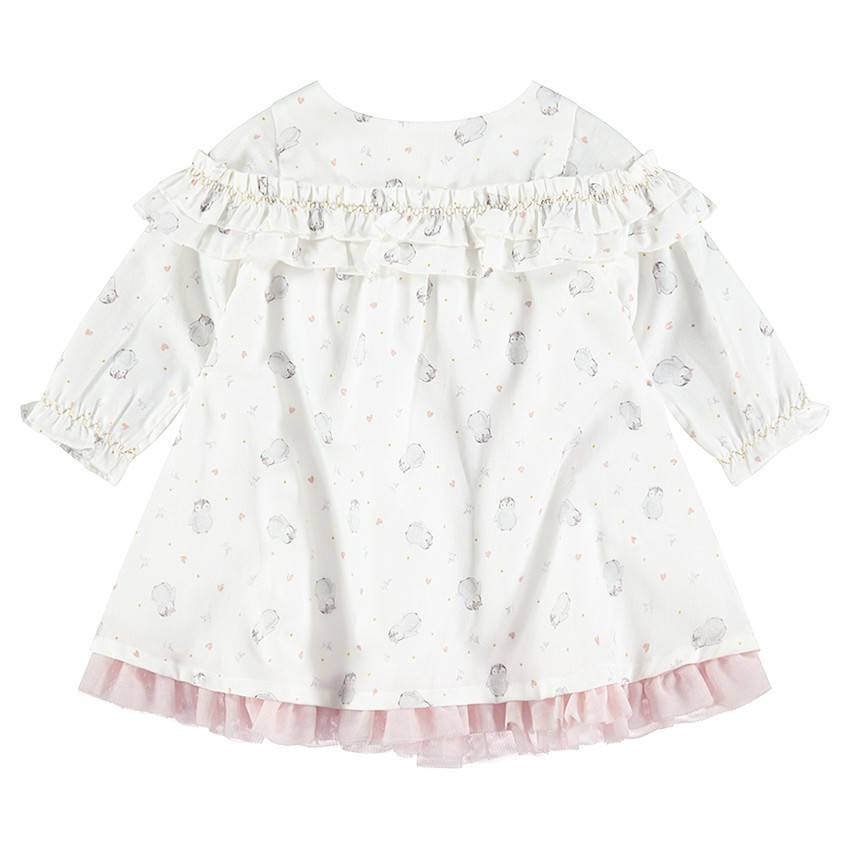 Robe manches longues en coton avec pingouins imprimés all-over et volants 