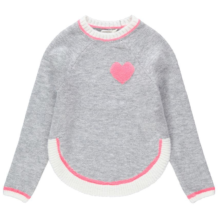 Pull en tricot avec coeur en bouclette et pans arrondis 