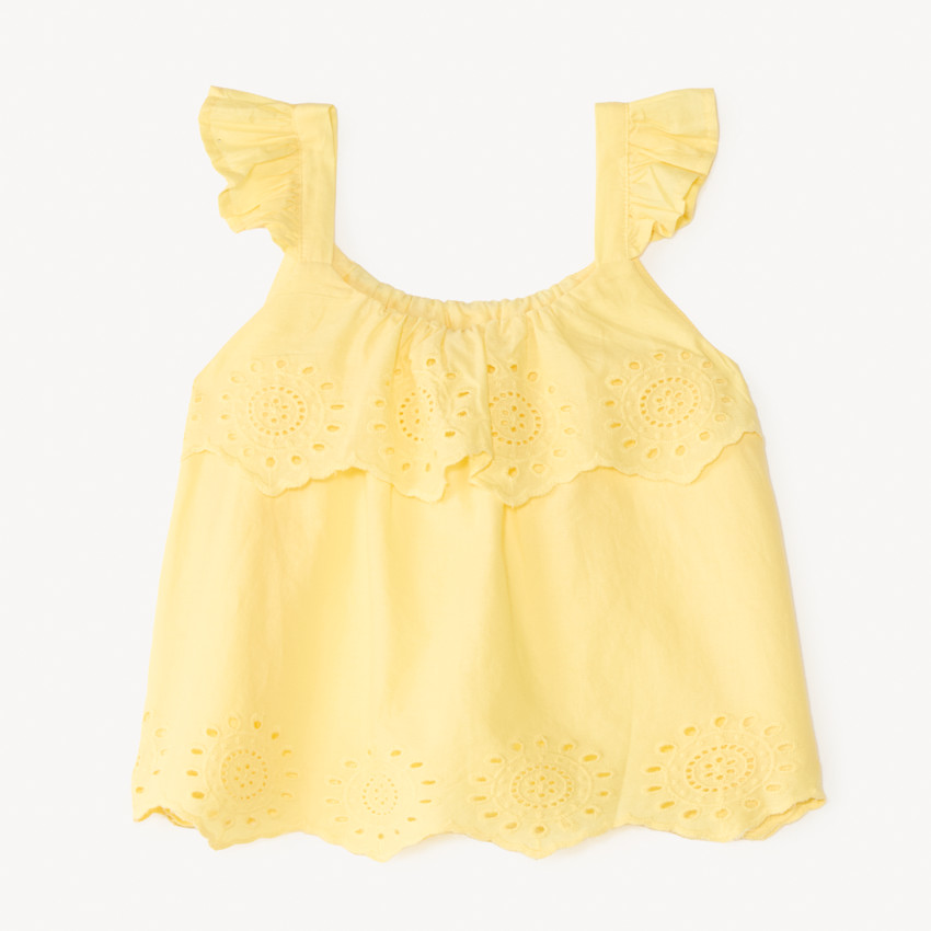 Top court en voile uni broderie style anglaise fantaisie pour fille 