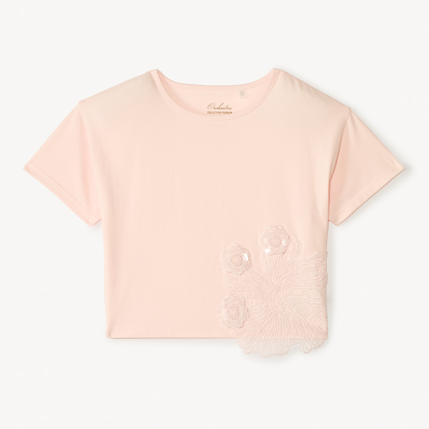 T-shirt manches courtes avec grosses fleurs en sequins pour fille 