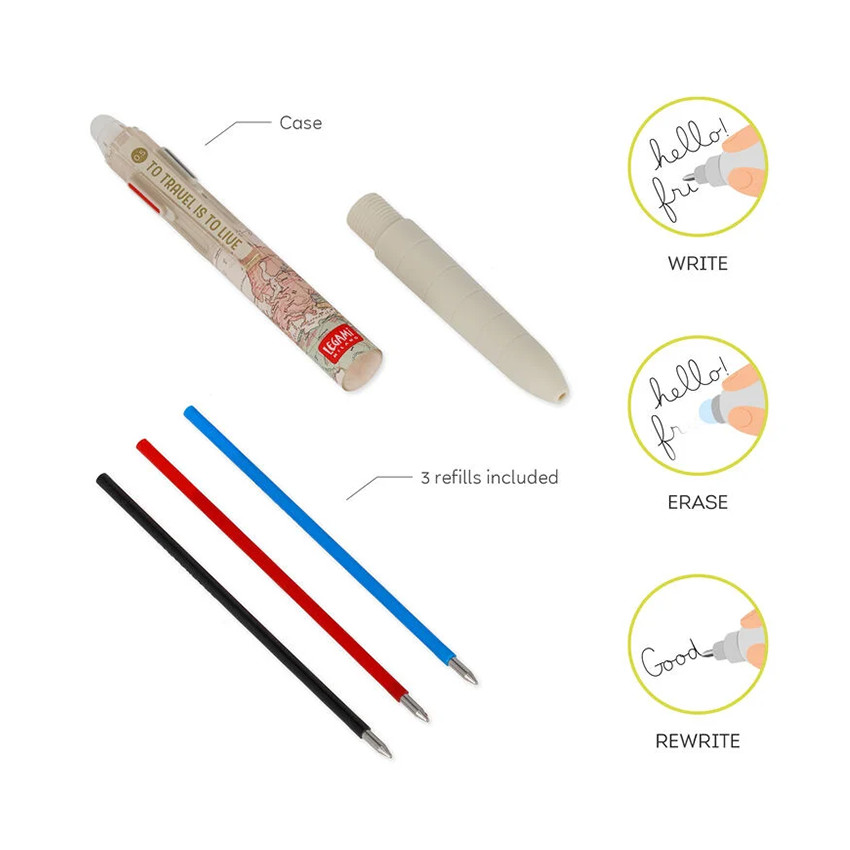 Stylo gel à encre effaçable Travel + 3 couleurs 