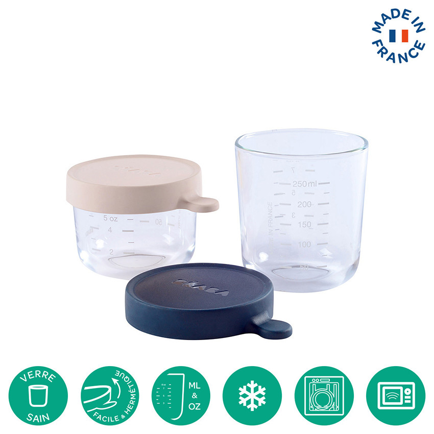 Set de 2 pots de conservation en verre 150/250ml - Bleu/Rose Foncé 