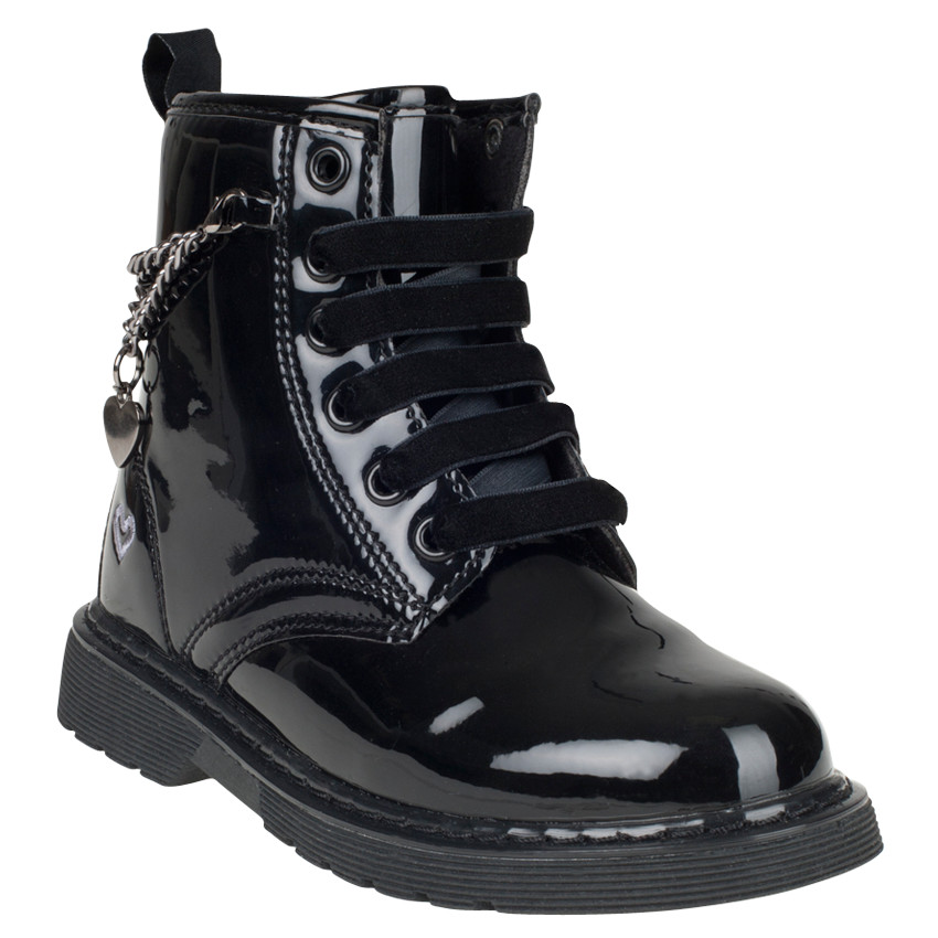 Bottillons noir vernis à lacets, zip et chaine fantaisie 