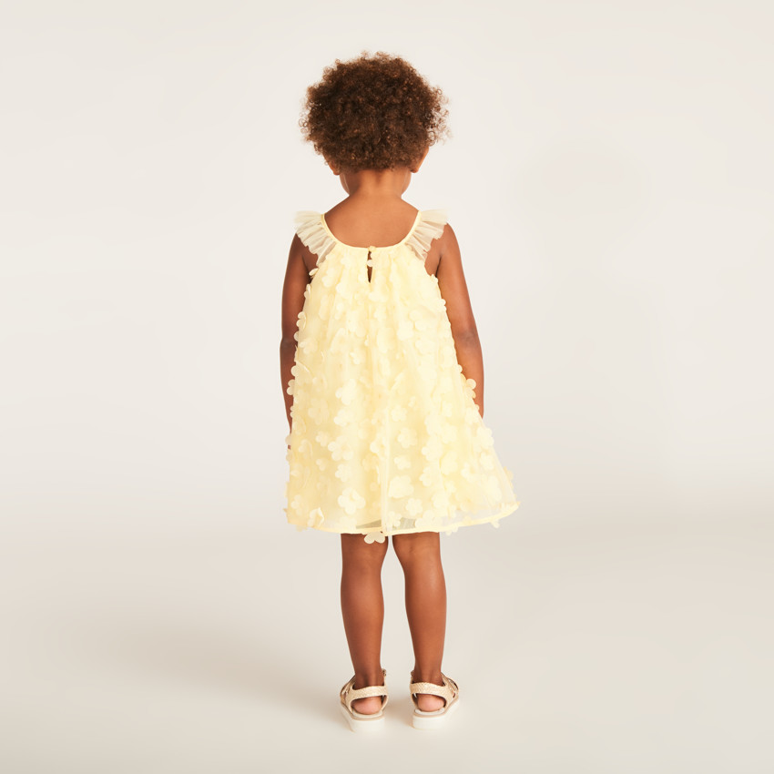 Robe uni en tulle et satin avec petites fleurs 3D pour bébé fille 