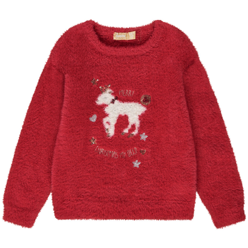 Pull en tricot effet fourrure avec broderie cerf pour fille