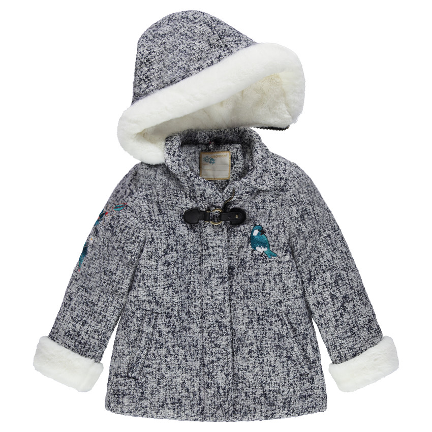 Manteau effet drap de laine tweedé à capuche avec patch oiseau 