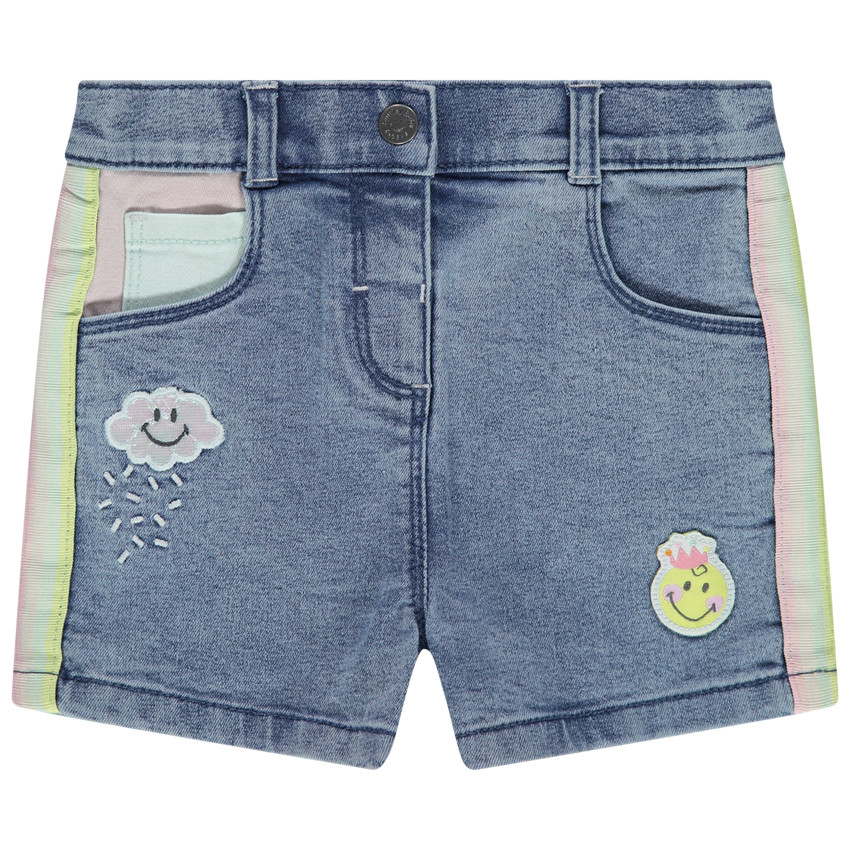 Short en jean effet used à bandes contrastées et Badges Smiley Baby 