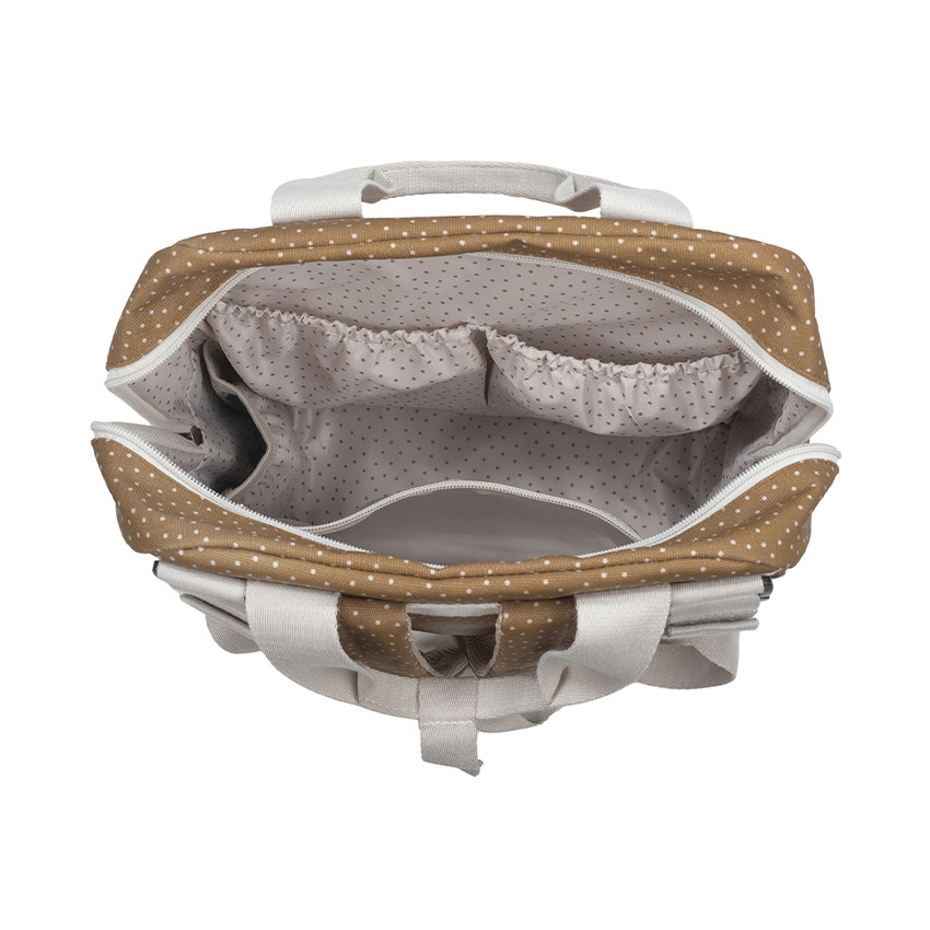 Sac à dos à langer imprimé pois Poppy + tapis cannelle 
