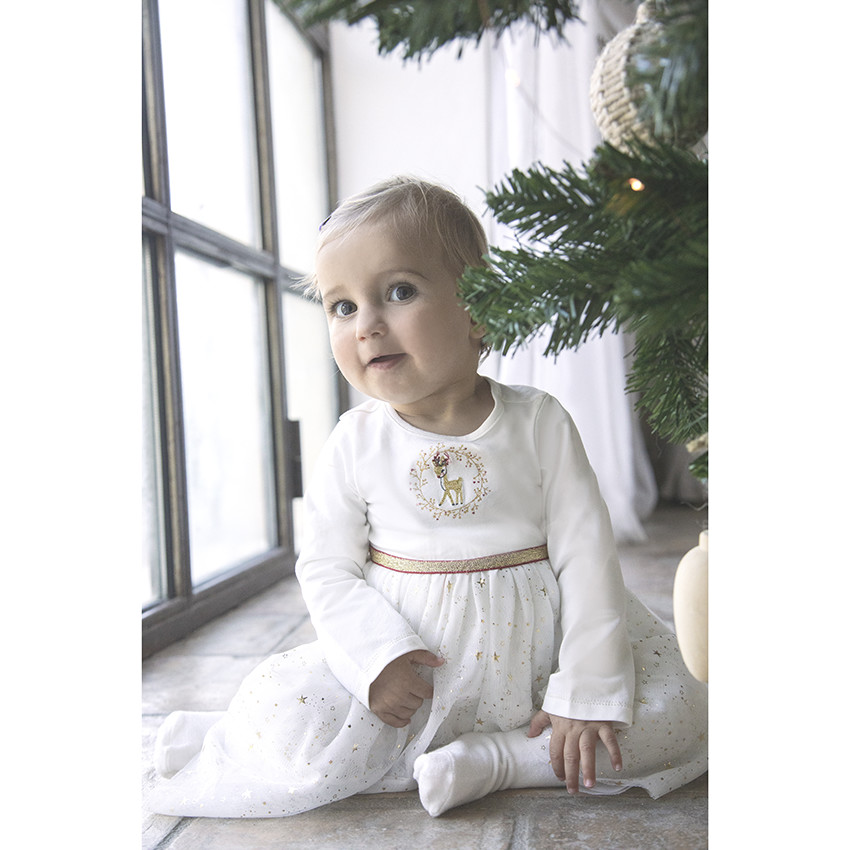 Robe de fêtes bi-matière à motifs dorés pour bébé fille 