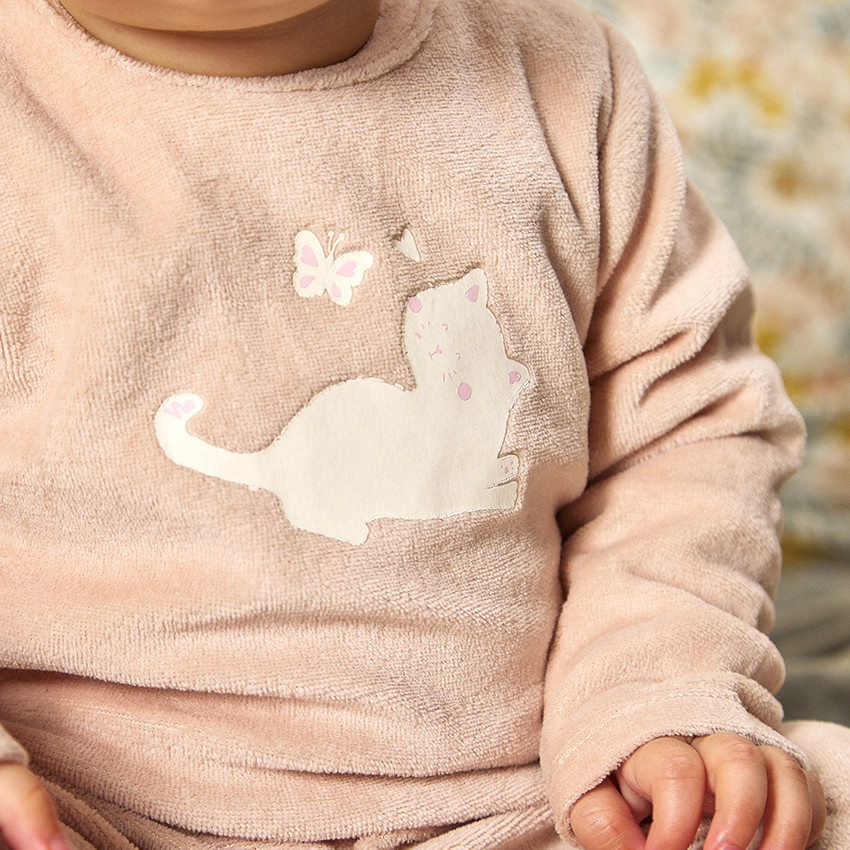 Dors-bien en velours uni beige avec chat fantaisie pour bébé  