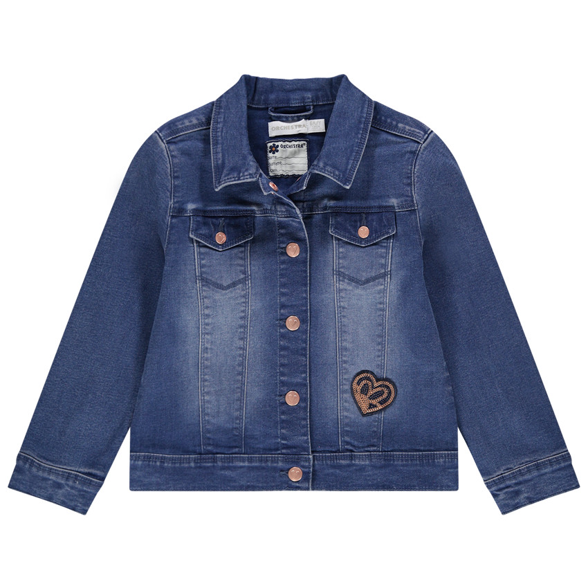 Veste en jean effet used à poche et coeur en sequins 
