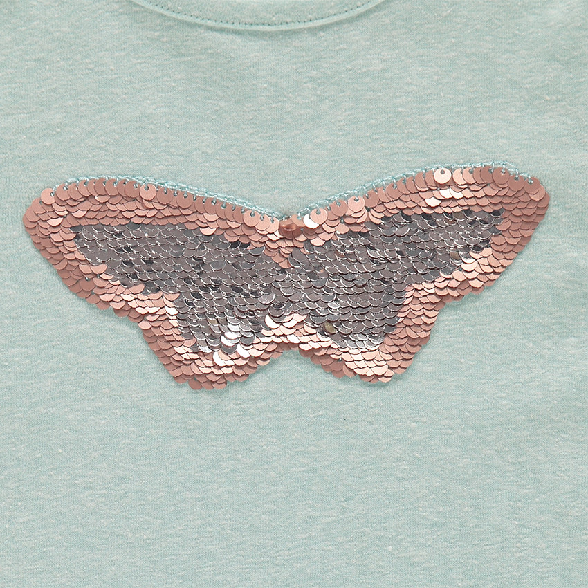 Tee-shirt manches courtes en jersey chiné avec papillon en sequins magiques et volants 