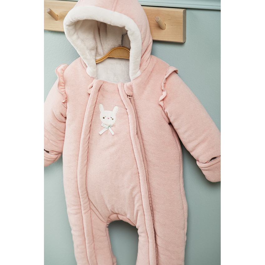 Combi-pilote à capuche avec lapin brodé et noeud fantaisie pour bébé fille