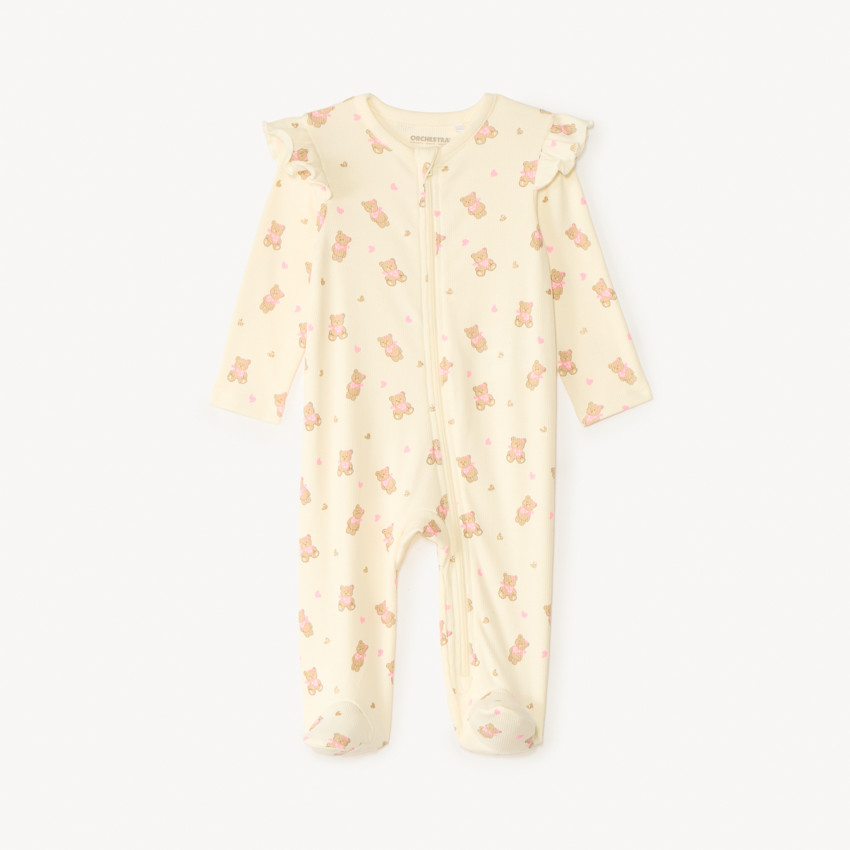 Dors-bien en maille côtelée zippé imprimé ourson pour bébé fille 